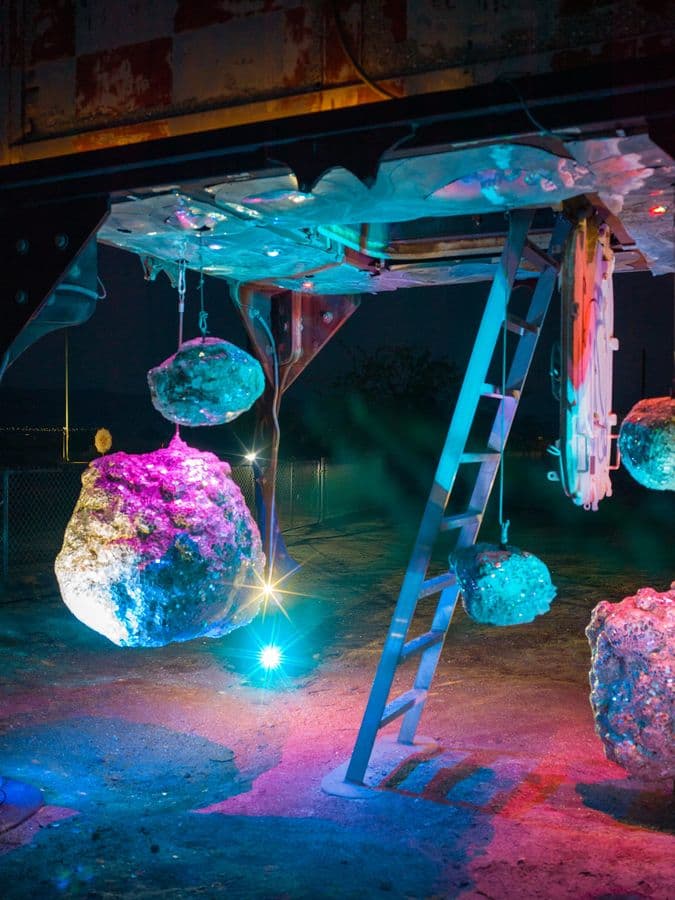 Ladder Installation Under Neon Light at Salton Sea